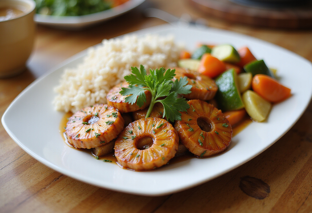 Plated Brown Sugar Pineapple Chicken, garnished and served with rice and vegetables on a rustic dining table.