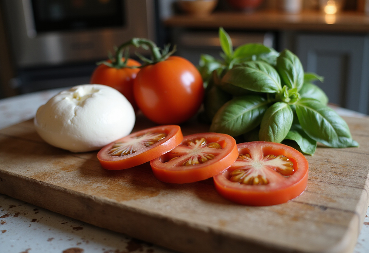 Fresh ingredients for Burrata Bruschetta including tomatoes, basil, and burrata cheese on a wooden cutting board.