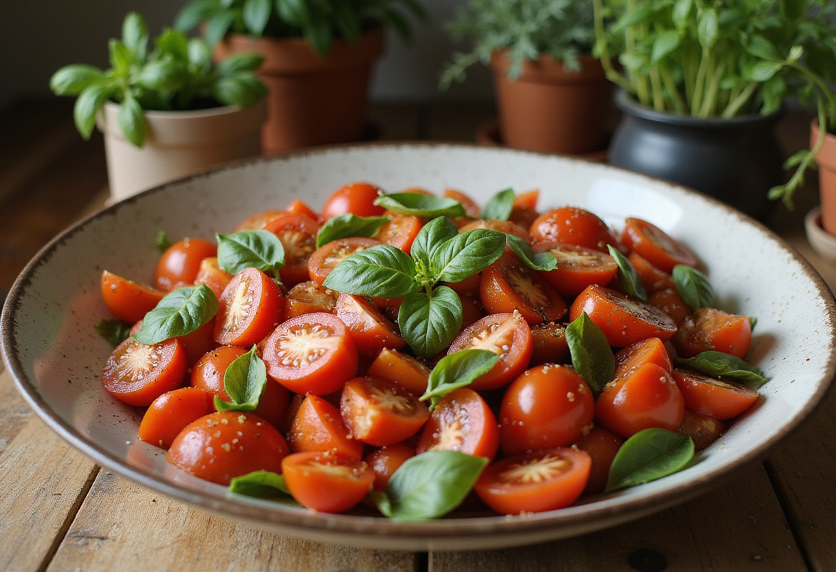 Tomato and basil mixture for Burrata Bruschetta in a bowl with olive oil and spices, enhancing the dish’s flavors.