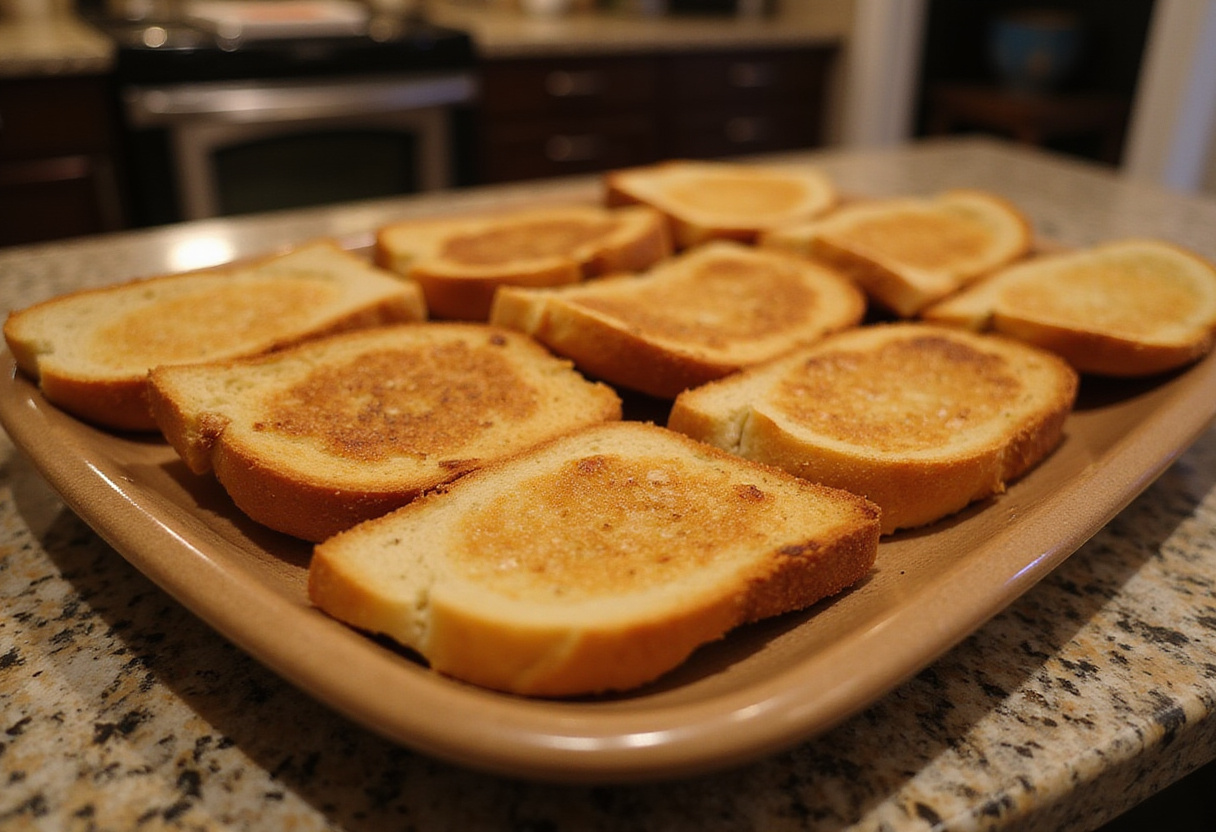 Toasted bread slices prepared for Burrata Bruschetta, showcasing their perfect golden brown color and texture for topping.
