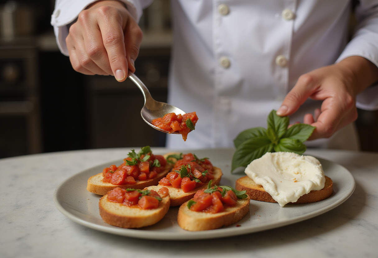 A chef preparing Burrata Bruschetta, placing tomato and basil topping on toasted bread with burrata cheese nearby, showcasing the joy of cooking.