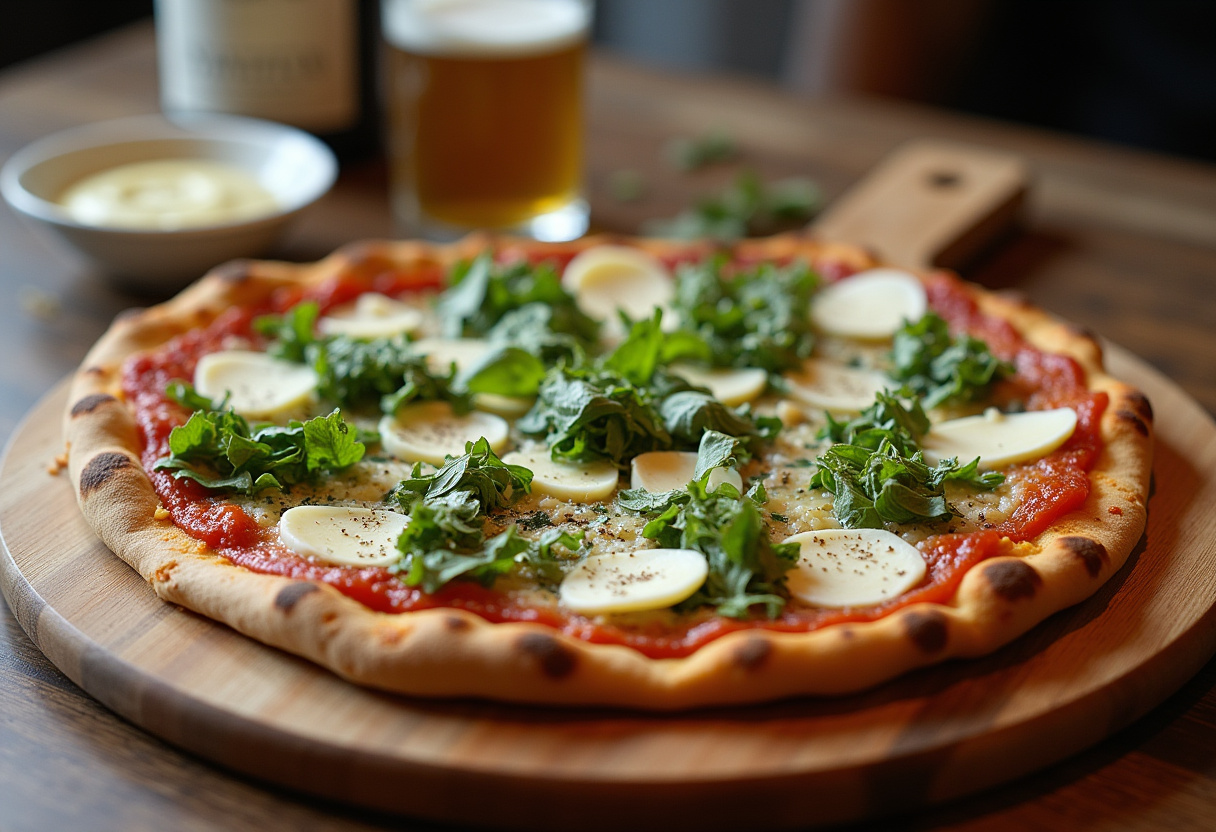 Final presentation of Caesar Salad Pizza, garnished with herbs and served with dressing, a perfect blend of flavors.