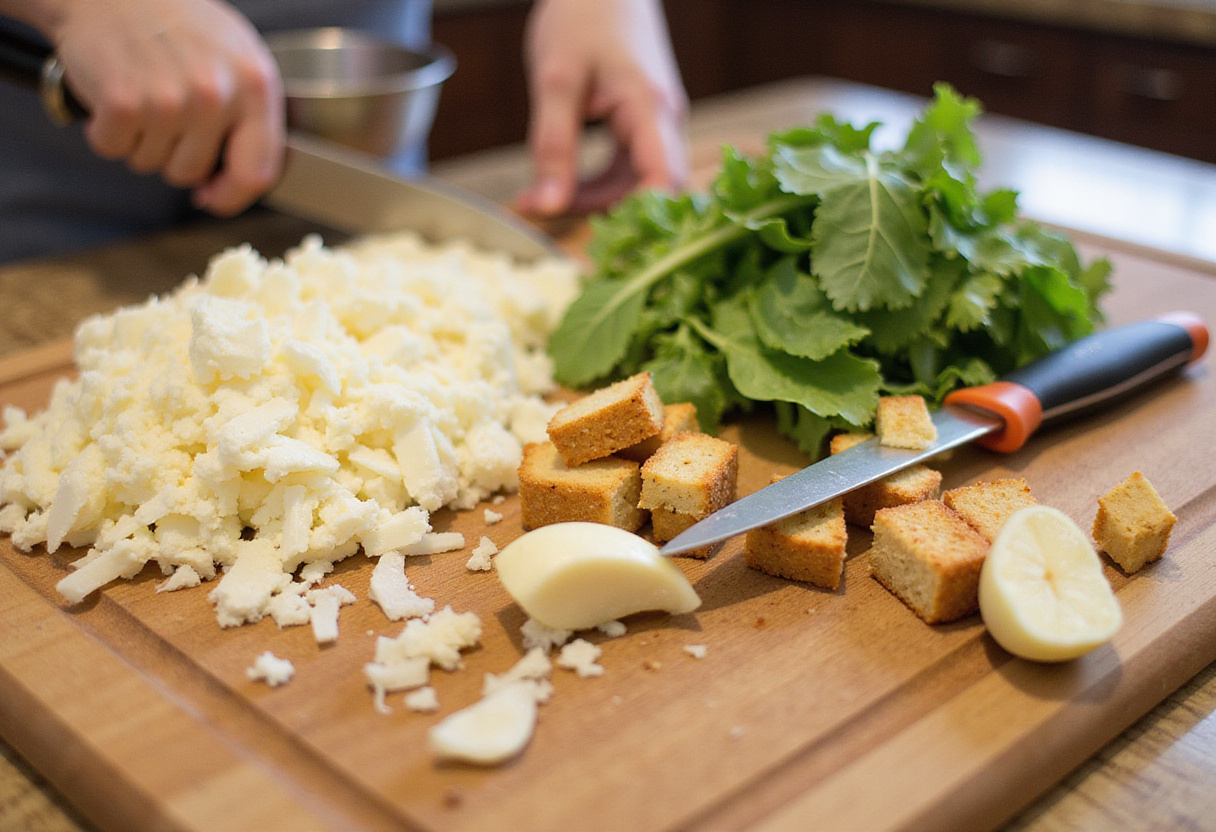Preparing ingredients for Caesar Salad Pizza with freshly minced garlic and chopped romaine lettuce in a rustic kitchen.