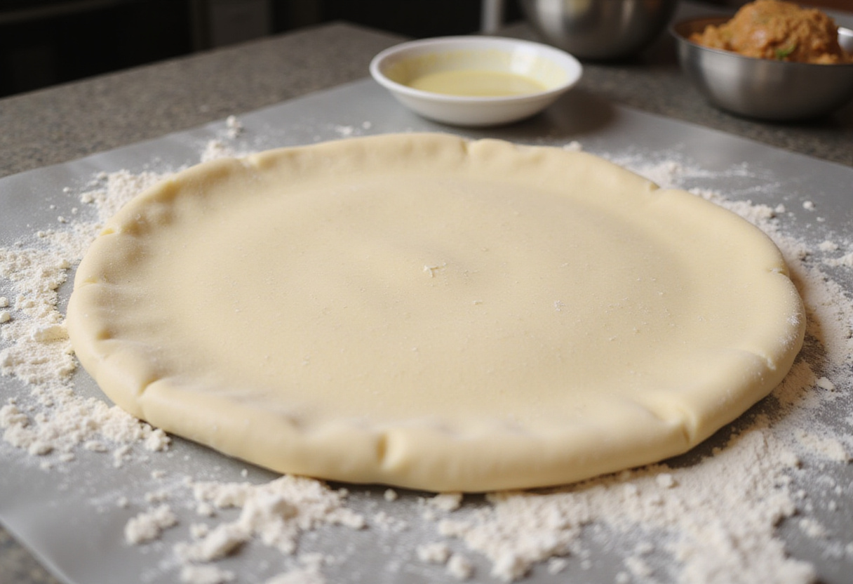 Stretching pizza dough for Caesar Salad Pizza on a floured surface, with Caesar dressing in the background, showcasing fresh ingredients.
