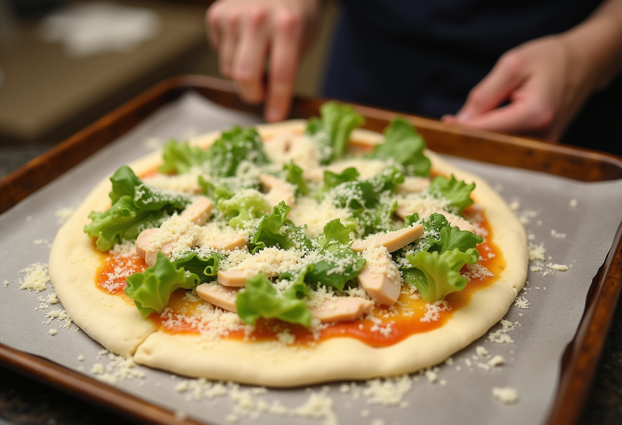Assembling Caesar Salad Pizza with Caesar dressing, chicken slices, and fresh greens on top of pizza dough on a baking sheet.