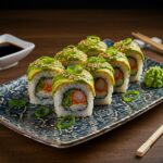 Final presentation of California Crunch Roll Sushi, showcasing the colorful ingredients and garnishes that make this dish appealing.