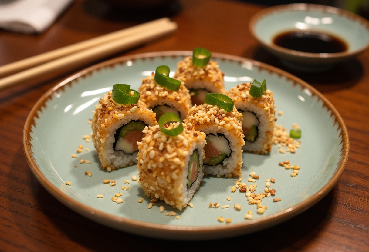 Final presentation of California Crunch Roll Sushi, showcasing the colorful ingredients and garnishes that make this dish appealing.