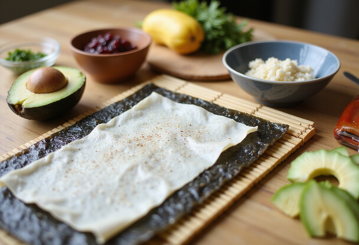 California Crunch Roll Sushi preparation with sushi rice, nori, cucumber, and avocado on a bamboo sushi mat.
