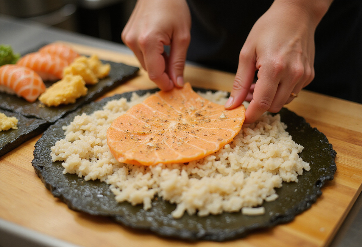 Sushi chef preparing California Crunch Roll by spreading sushi rice on nori, showcasing the fresh ingredients and techniques.