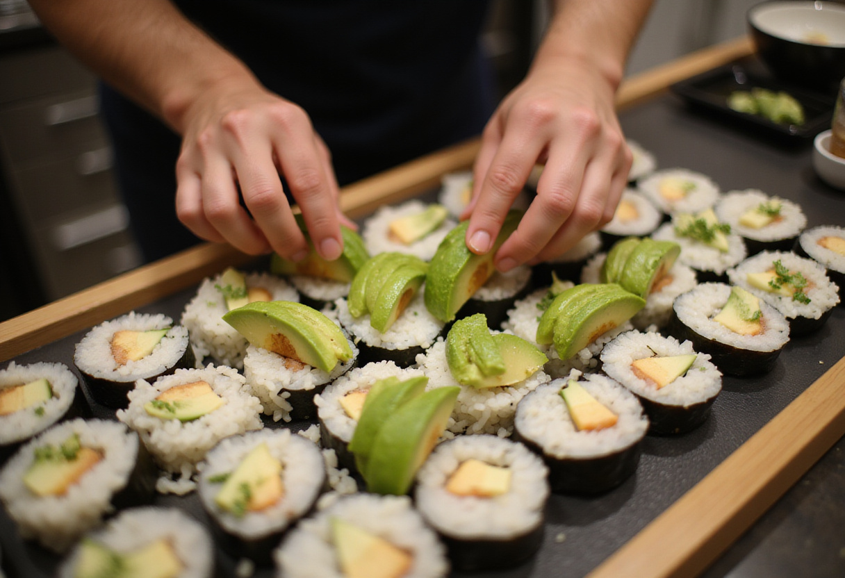 California Crunch Roll preparation stage with avocado and cucumber being placed on seasoned rice, ready to roll.