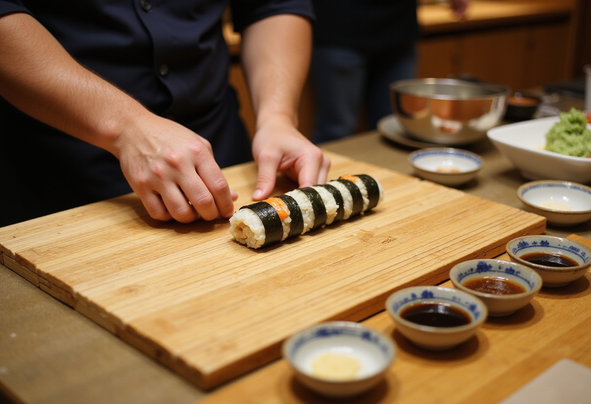 Sushi rolling process for California Crunch Roll, showcasing the technique and ingredients before slicing.