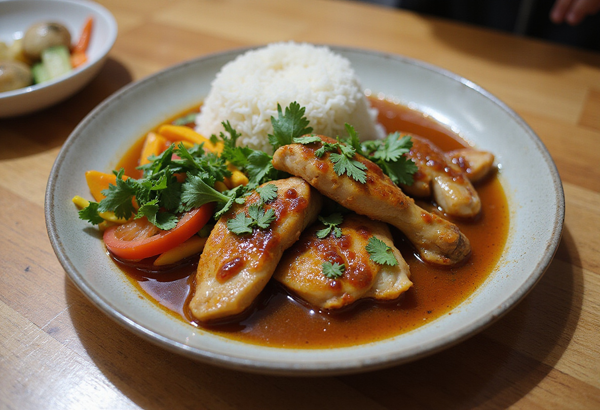 Final presentation of caramelised soy chicken in garlic ginger broth with rice, a delicious and wholesome meal.