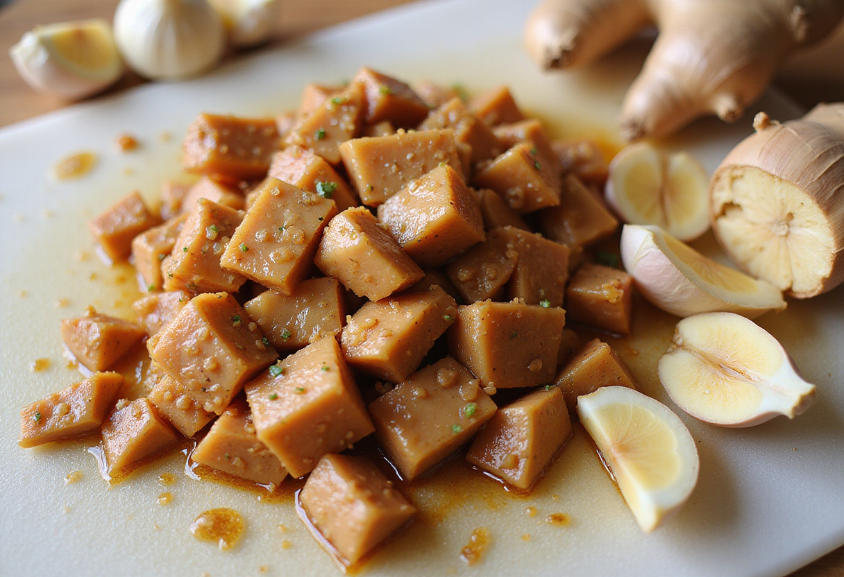 Diced chicken marinated in soy sauce with garlic and ginger, perfect for caramelised soy chicken.
