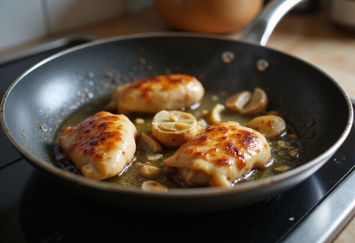 Sizzling marinated chicken in garlic and ginger for caramelised soy chicken, enhancing flavors for a delicious broth.