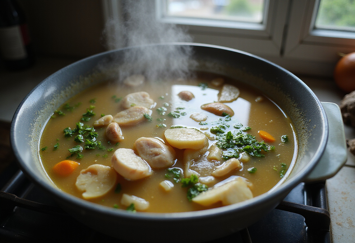 Simmering garlic ginger broth for caramelised soy chicken, infused with flavors to enhance the dish.