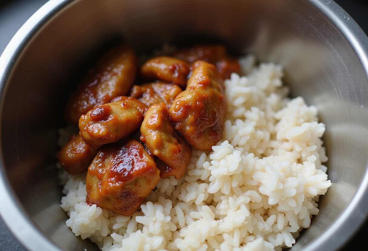 Fluffy rice prepared for serving alongside delicious caramelised soy chicken.