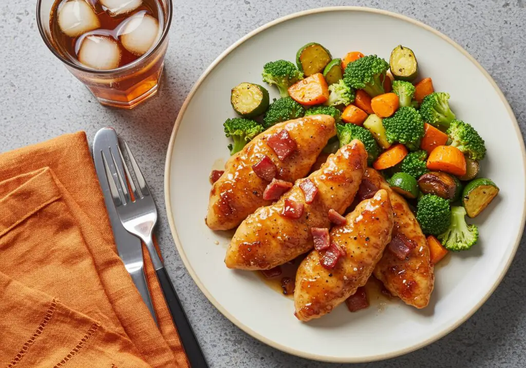 A delicious serving of caramelized bacon and brown sugar chicken tenders, presented with roasted vegetables and iced tea, perfect for dinner.