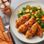 A delicious serving of caramelized bacon and brown sugar chicken tenders, presented with roasted vegetables and iced tea, perfect for dinner.