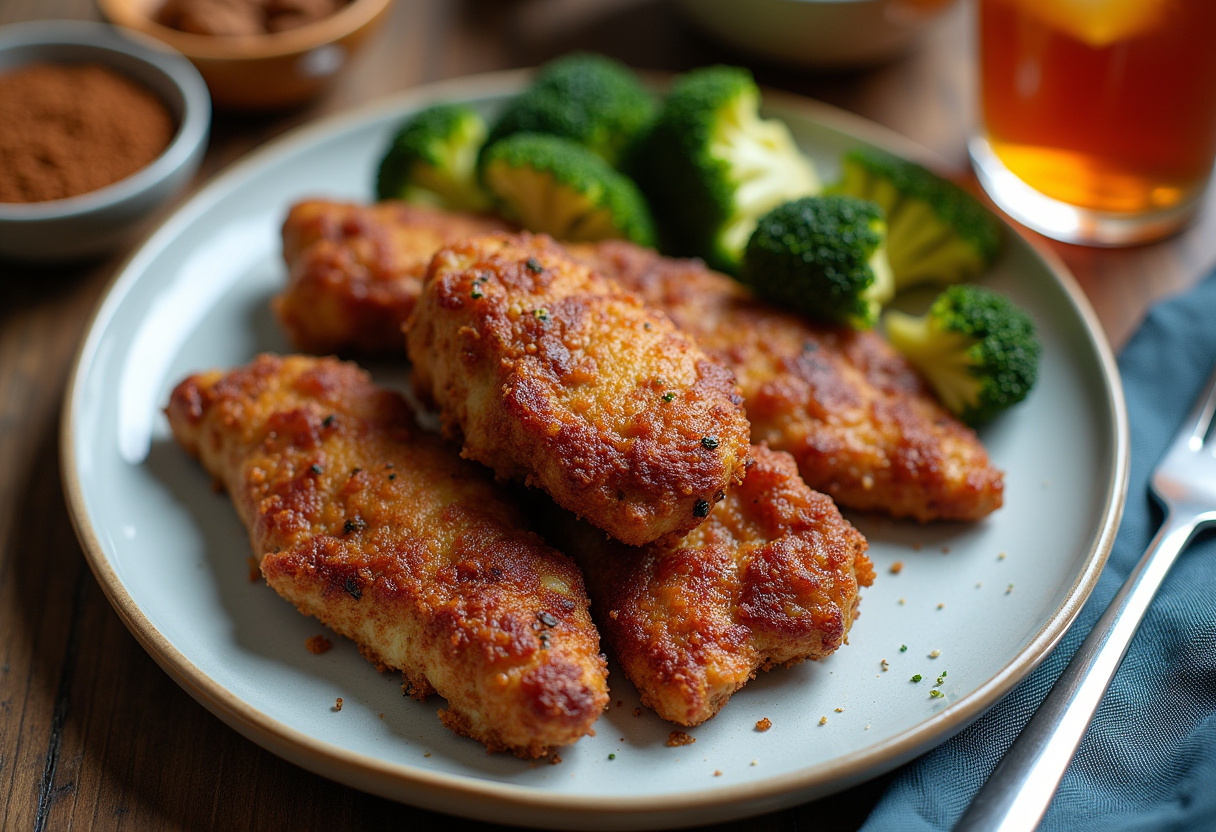 A delicious serving of caramelized bacon and brown sugar chicken tenders, presented with roasted vegetables and iced tea, perfect for dinner.