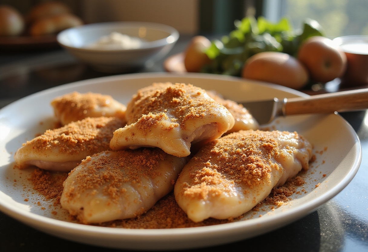 Seasoning chicken tenders with brown sugar and spices in a cozy kitchen, preparing for caramelized bacon and brown sugar chicken tenders.
