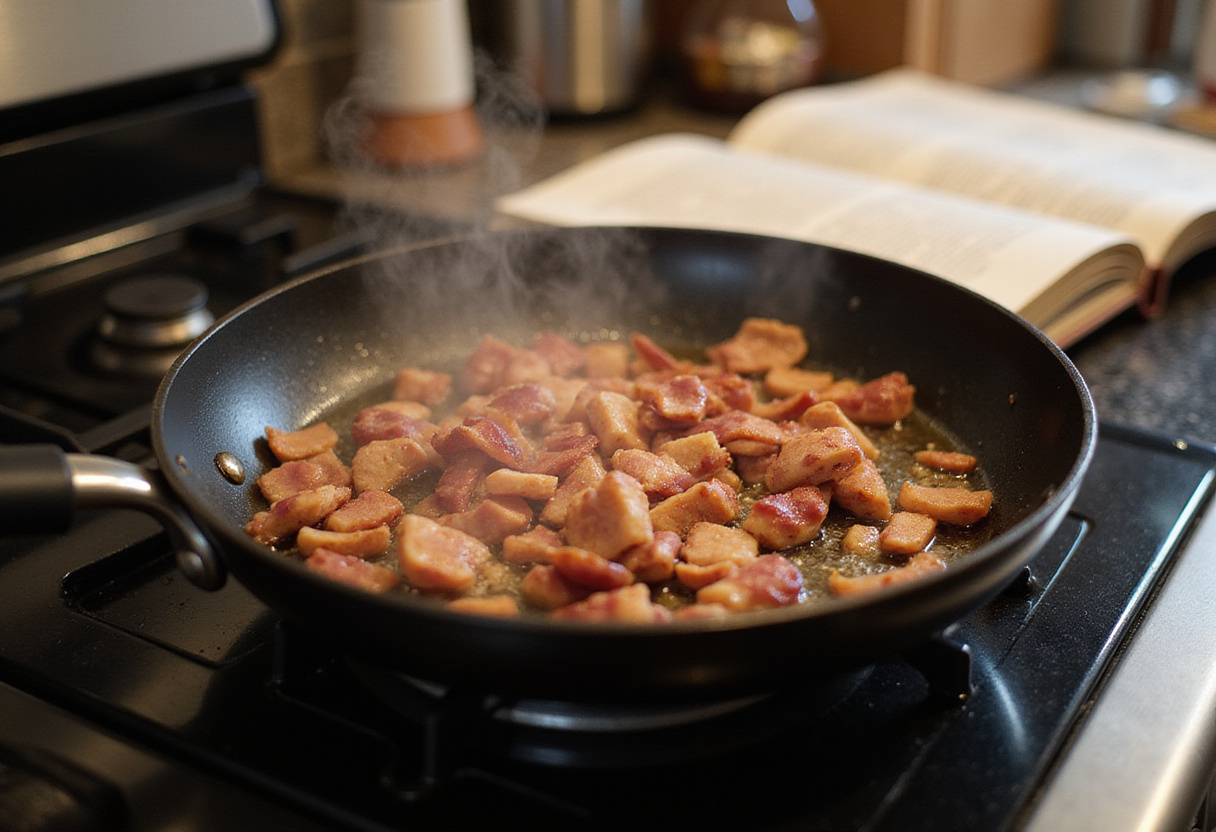 Cooking crispy bacon in a pan for caramelized bacon and brown sugar chicken tenders, showcasing delicious ingredients in action.