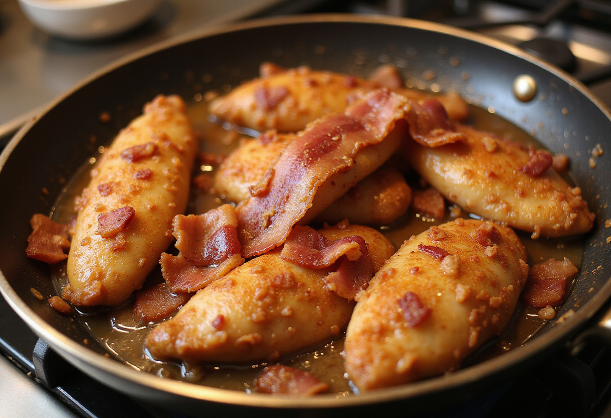 Combining chicken tenders and crispy bacon for caramelized bacon and brown sugar chicken tenders, a delicious cooking moment.