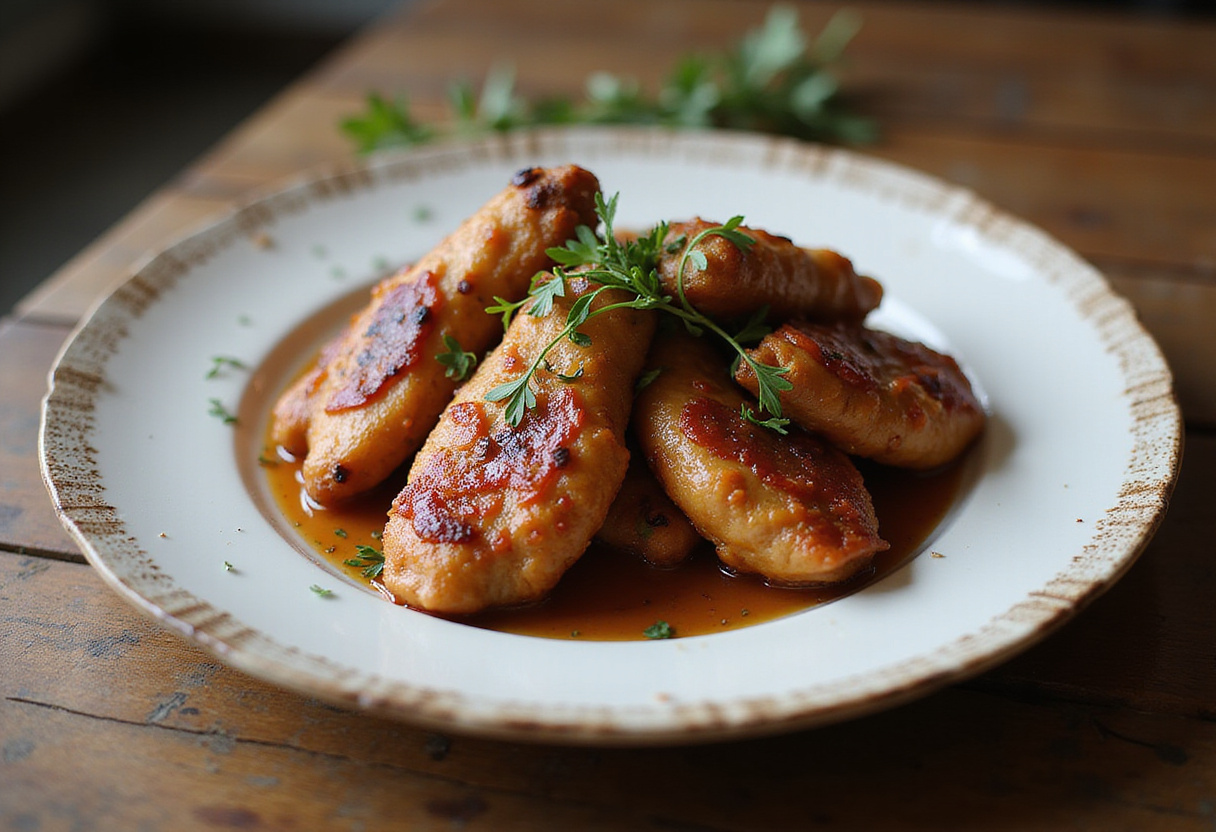 Plated caramelized bacon and brown sugar chicken tenders, ready to be served, showcasing the delicious final dish.
