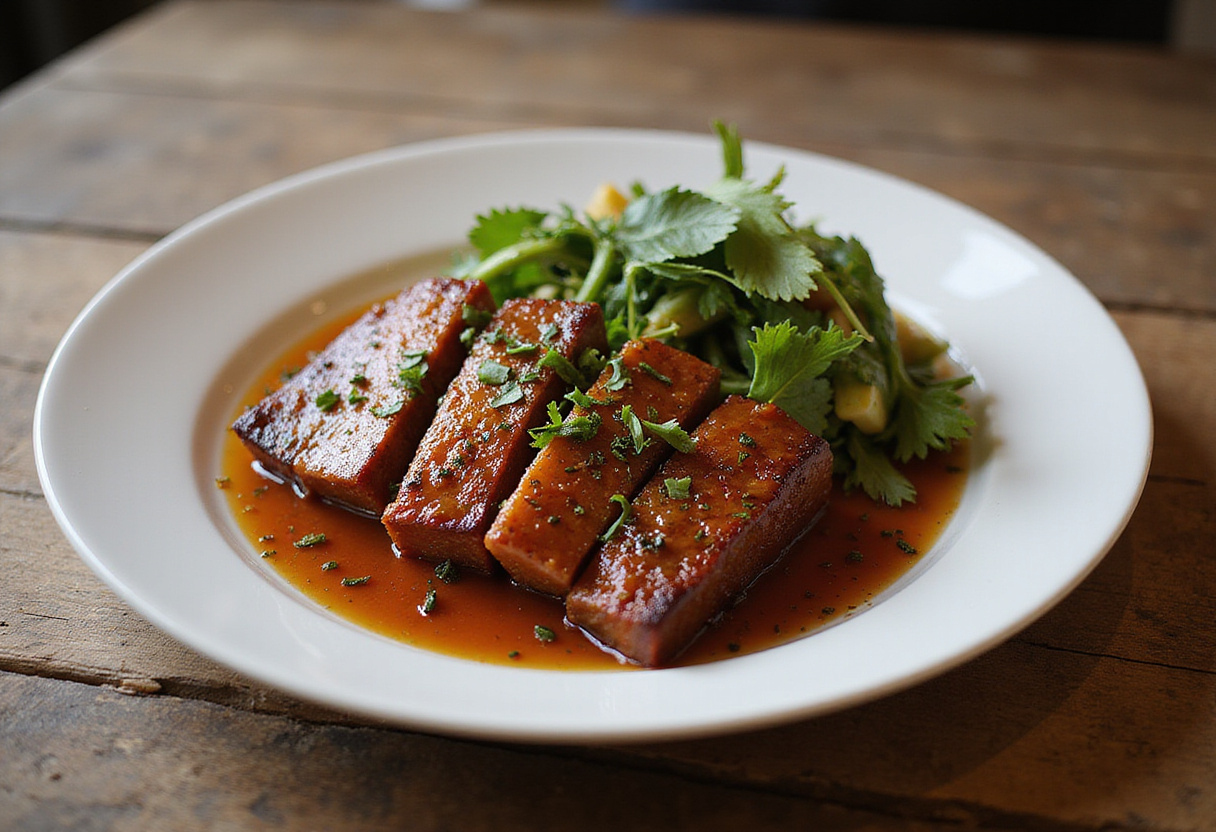 The succulent presentation of Caramelized Honey Glazed Pork Belly, highlighting the dish's rich flavors and appealing texture.