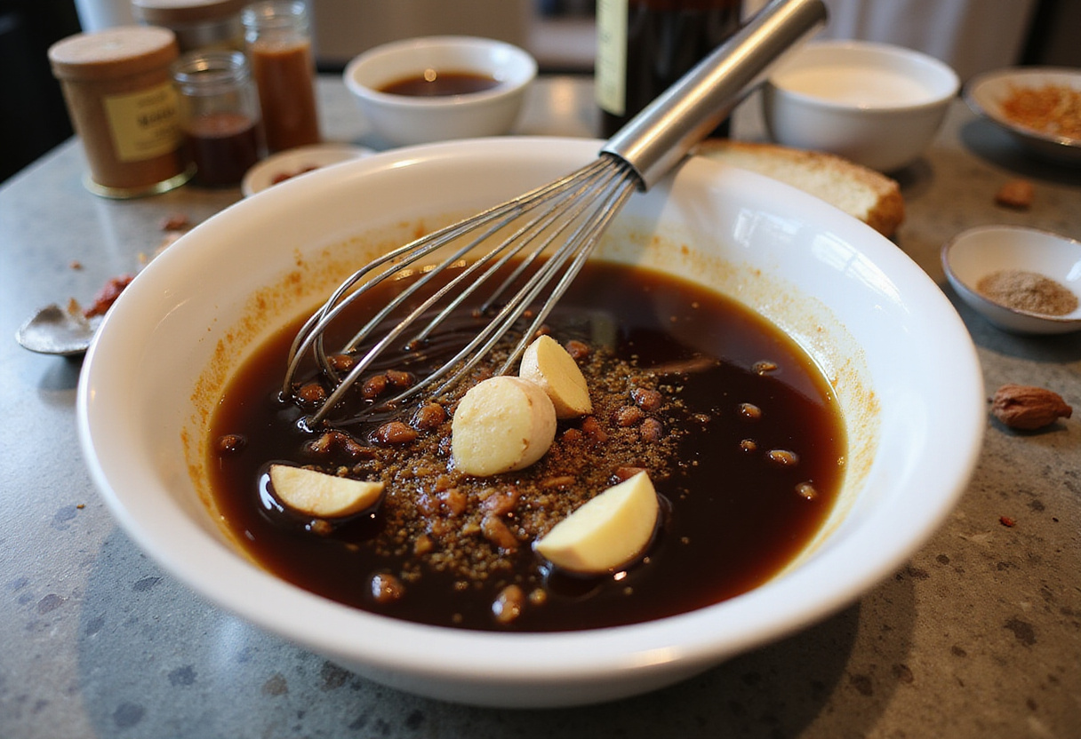 Choosing quality ingredients for Caramelized Honey Glazed Pork Belly, including a soy sauce and honey mixture for flavor enhancement.