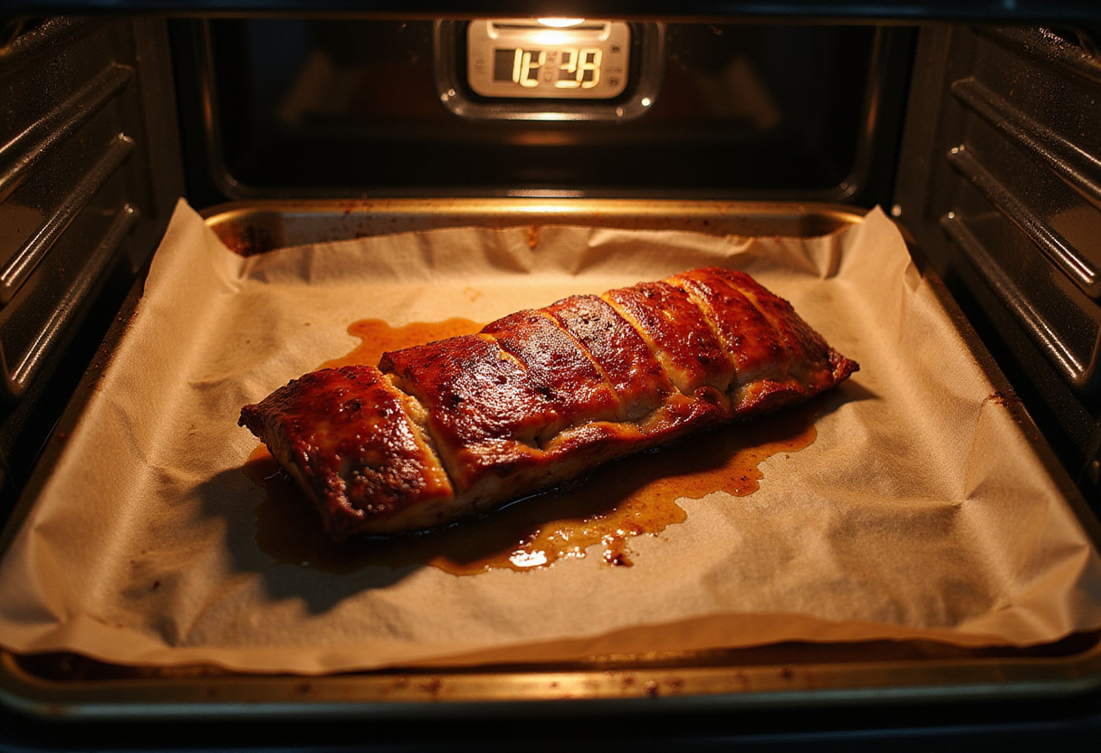 Finalizing the cooking of Caramelized Honey Glazed Pork Belly in the oven for that perfect texture and flavor.
