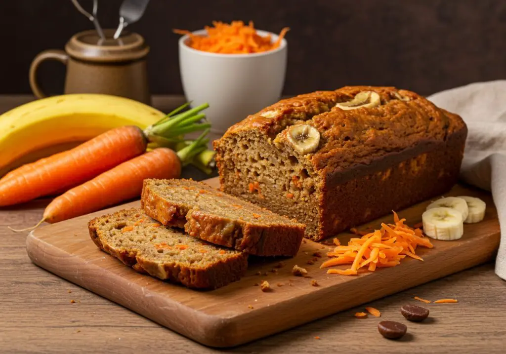 Sliced Carrot Cake Banana Bread presented on a wooden board, perfect for enjoying the delicious flavors of this delightful recipe.