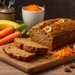 Sliced Carrot Cake Banana Bread presented on a wooden board, perfect for enjoying the delicious flavors of this delightful recipe.