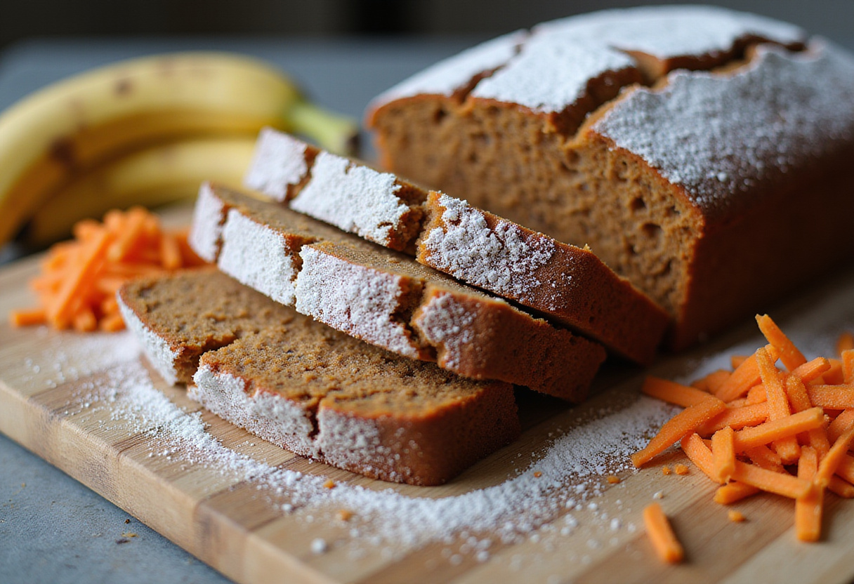 Sliced Carrot Cake Banana Bread presented on a wooden board, perfect for enjoying the delicious flavors of this delightful recipe.