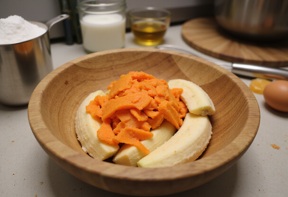 Ingredients for Carrot Cake Banana Bread including mashed bananas and shredded carrots, showcasing a rustic kitchen setting.