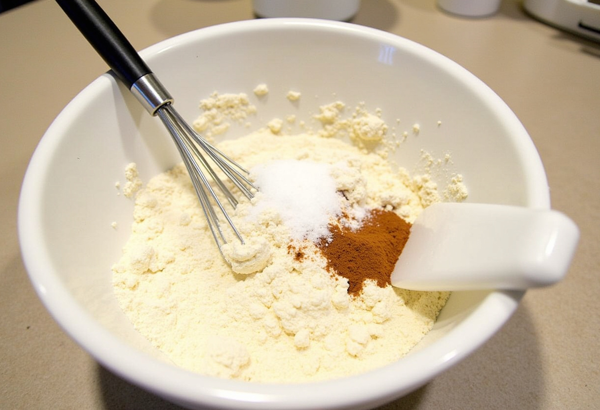 Sifting flour and spices for Carrot Cake Banana Bread, highlighting the baking process with fresh ingredients.