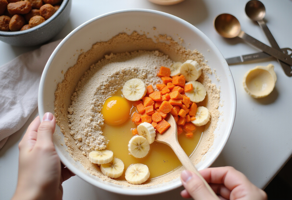 Folding dry ingredients into the wet mixture for Carrot Cake Banana Bread, capturing the kitchen atmosphere filled with baking excitement.