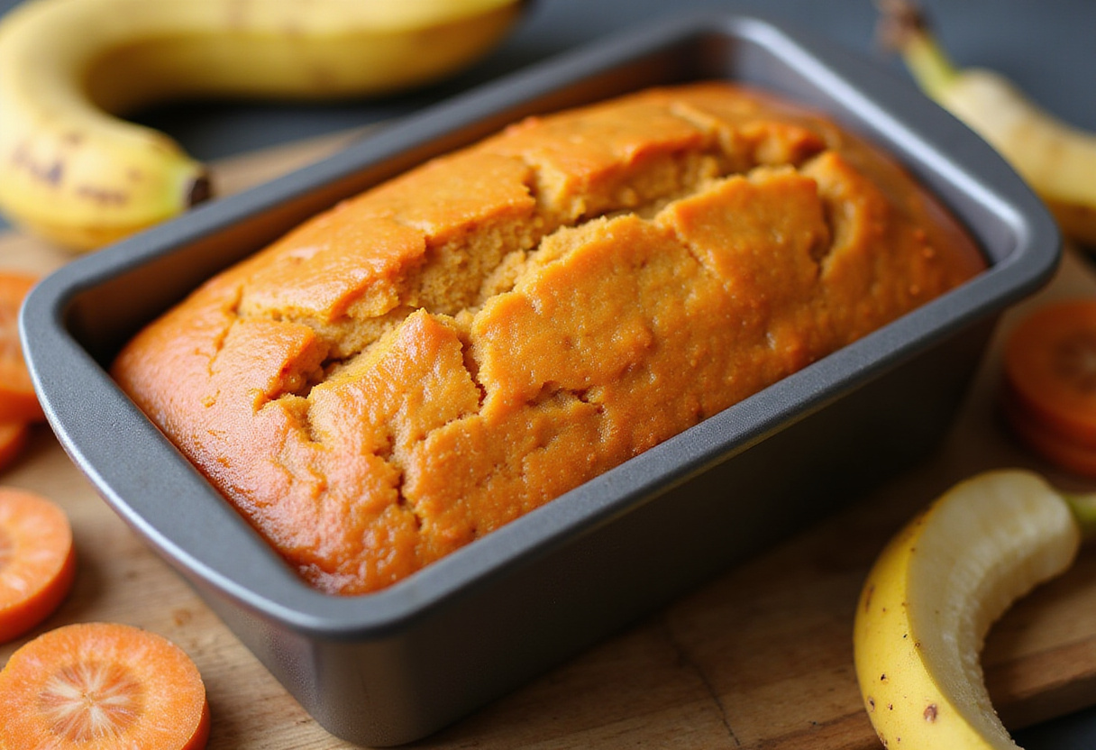 Carrot Cake Banana Bread batter in a loaf pan, showcasing the vibrant colors of the fresh ingredients before baking.