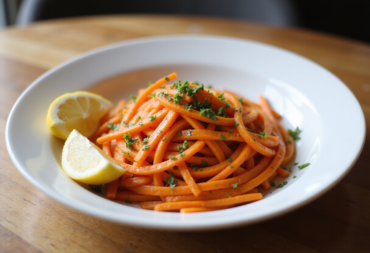 Stunning carrot ribbon salad presented in a white dish, showcasing a healthy and colorful dish perfect for any meal.