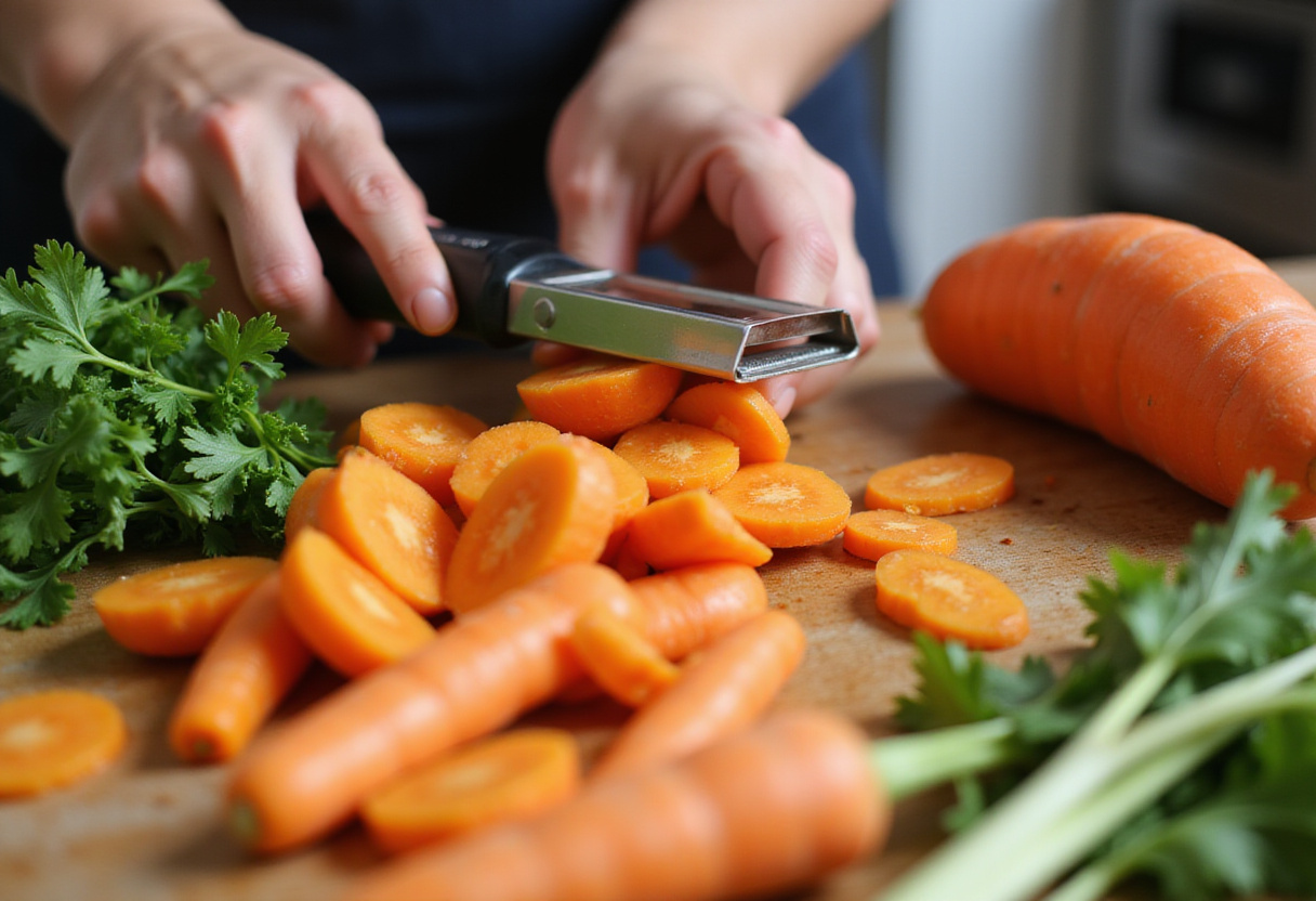 Fresh carrots being peeled for a healthy carrot ribbon salad, vibrant orange color showcased in a bright kitchen.