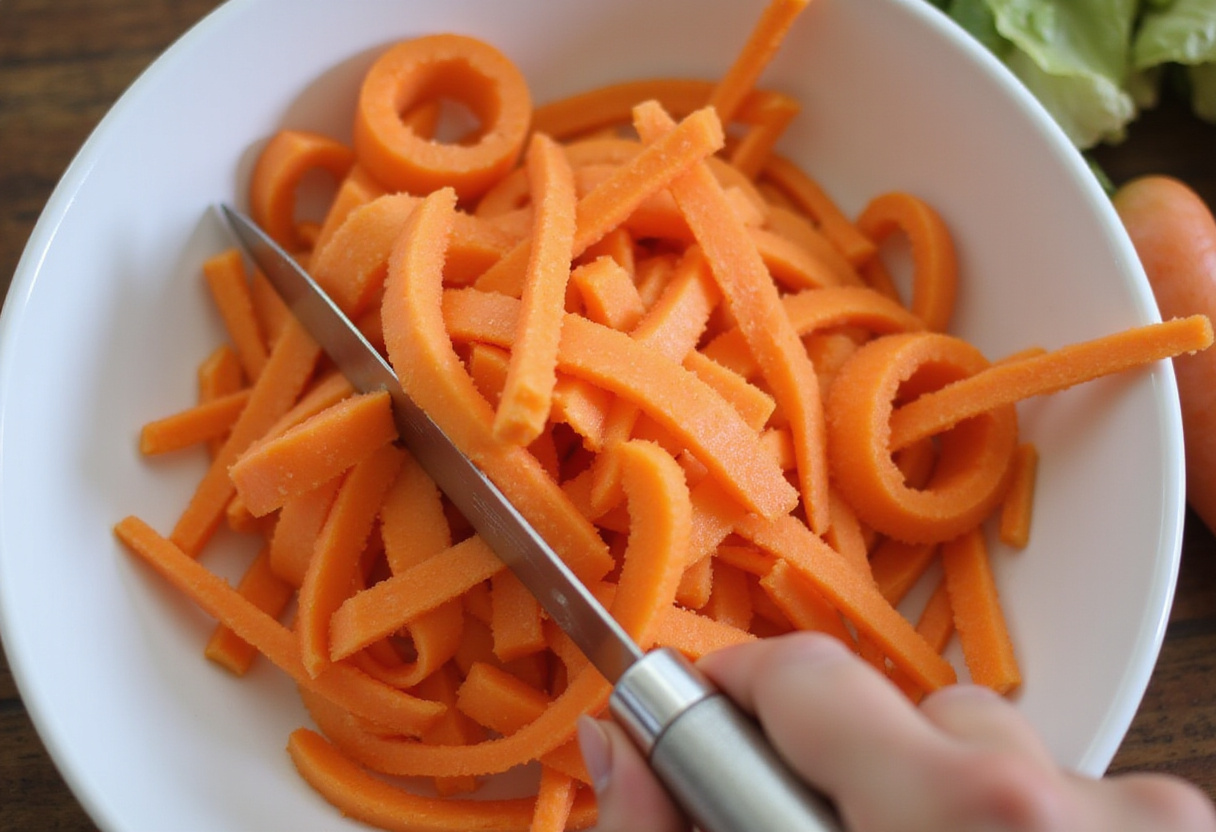 Carrot ribbons sliced thinly for a refreshing carrot ribbon salad, showcasing the technique of preparing fresh vegetables.
