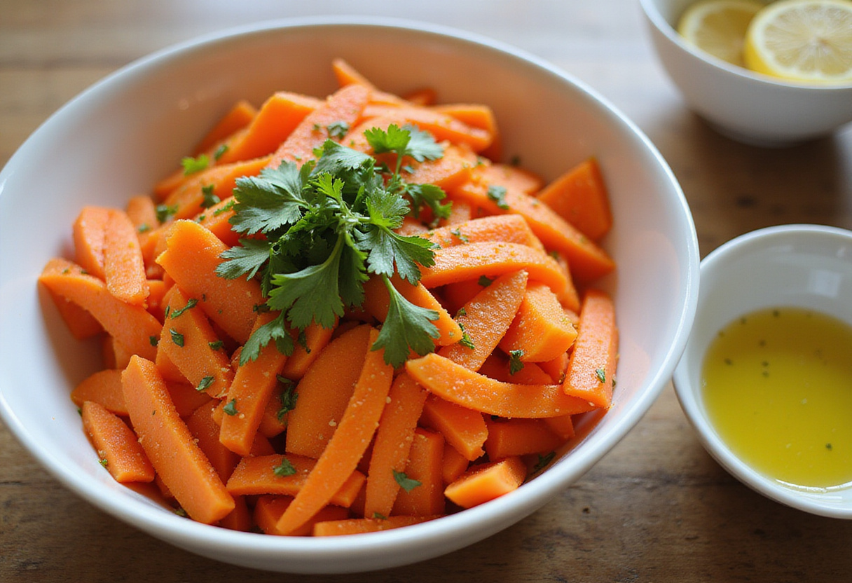 Fresh carrot ribbons mixed with herbs in a bowl, preparing a vibrant carrot ribbon salad with a healthy dressing.