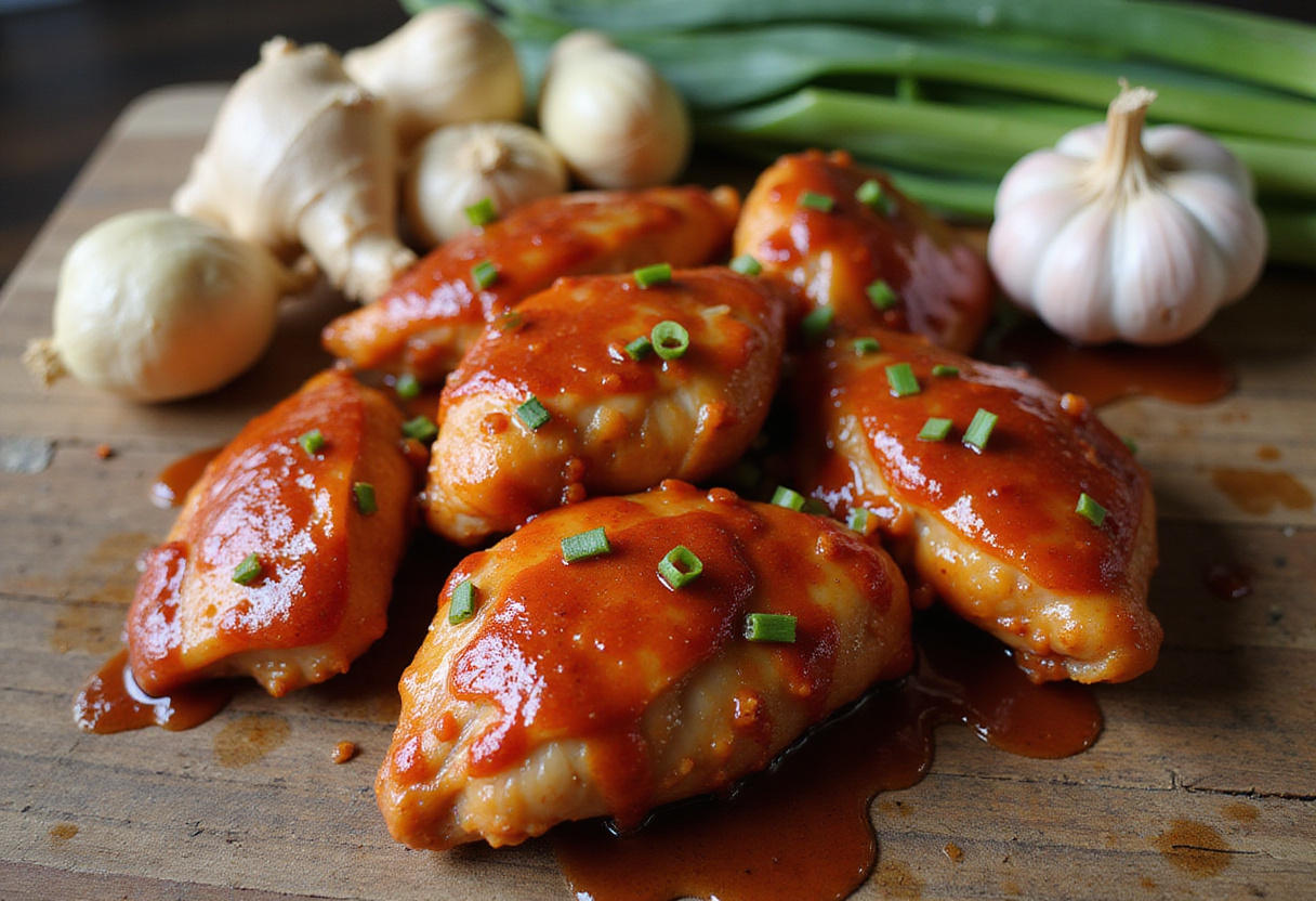Marinated **Char Siu chicken** on a wooden countertop with fresh garlic, ginger, and green onions, capturing the essence of Chinese barbecue flavors.