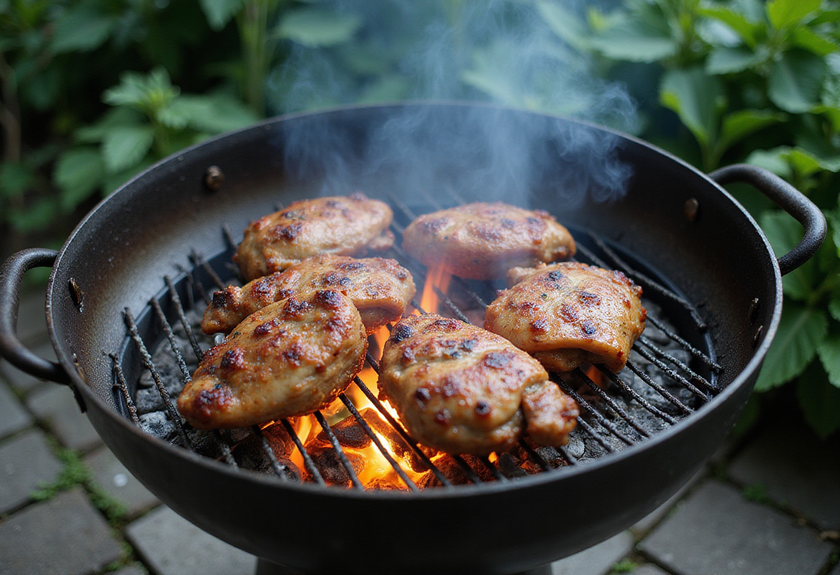 Grilled **Char Siu chicken** over charcoal flames, showcasing the authentic cooking process of this popular Chinese dish outdoors.