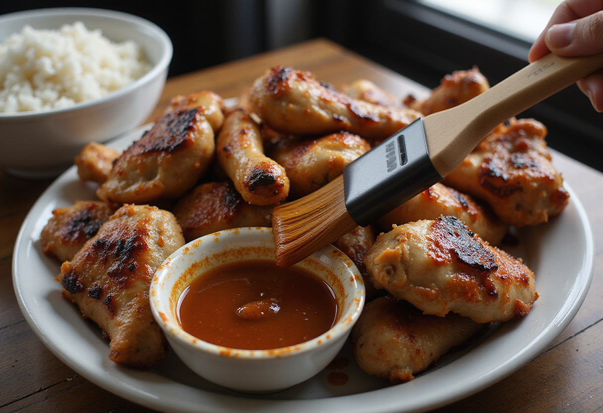 Basting grilled **Char Siu chicken** with homemade marinade, highlighting the juicy, sticky glaze that enhances the flavor of this delectable dish.