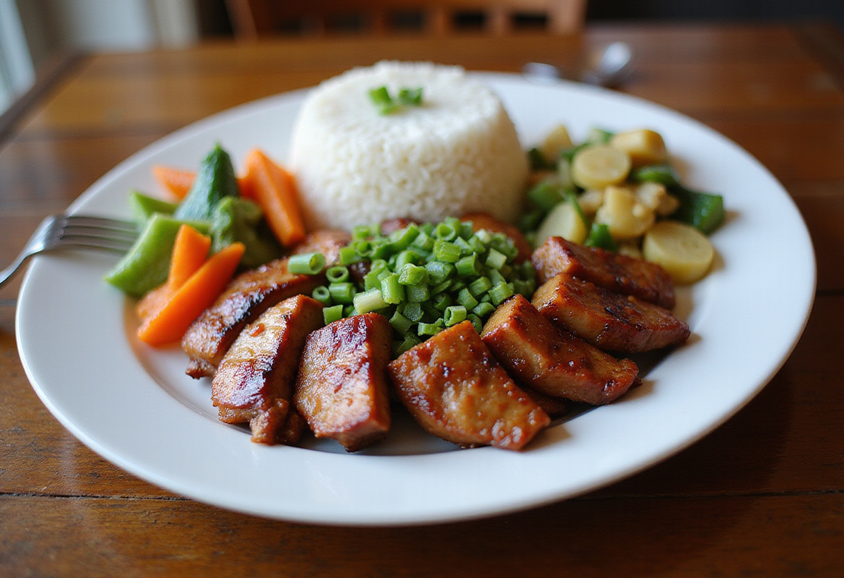 Sliced **Char Siu chicken** served with rice and vegetables on a traditional table, presenting a colorful and delicious representation of this iconic Chinese dish.
