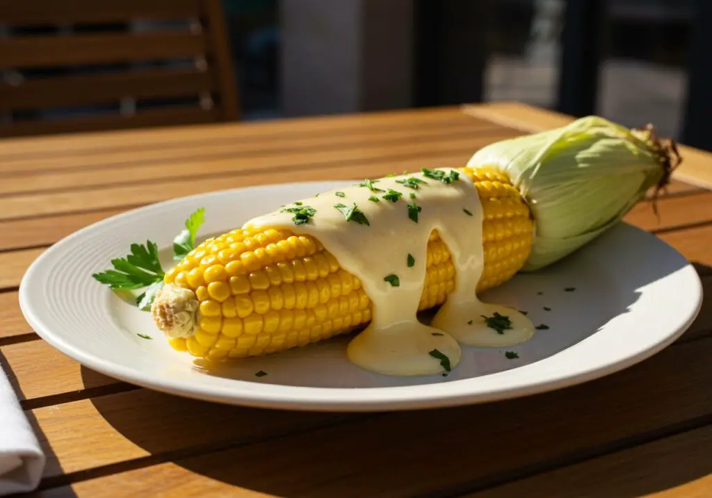 Final presentation of Cheesy Garlic Butter Corn on the Cob, flavorful dish, perfect for outdoor dining.