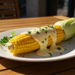 Final presentation of Cheesy Garlic Butter Corn on the Cob, flavorful dish, perfect for outdoor dining.