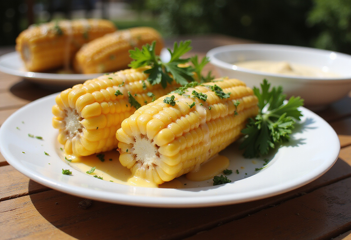 Final presentation of Cheesy Garlic Butter Corn on the Cob, flavorful dish, perfect for outdoor dining.