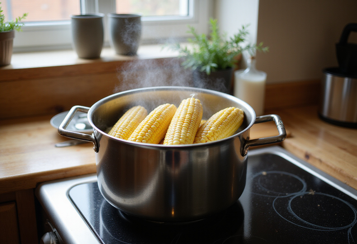 Boiling corn cobs for Cheesy Garlic Butter Corn on the Cob, fresh ingredients, kitchen scene.
