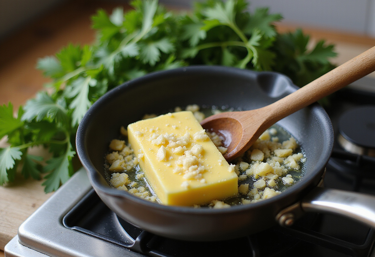 Melted garlic butter for Cheesy Garlic Butter Corn on the Cob, cooking scene with ingredients, fresh flavors.